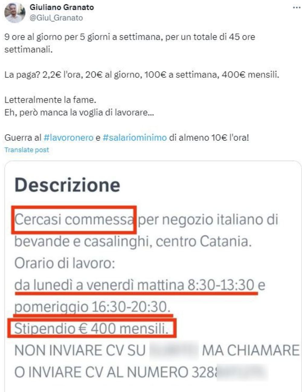 Annuncio di lavoro da 400 euro al mese a Catania