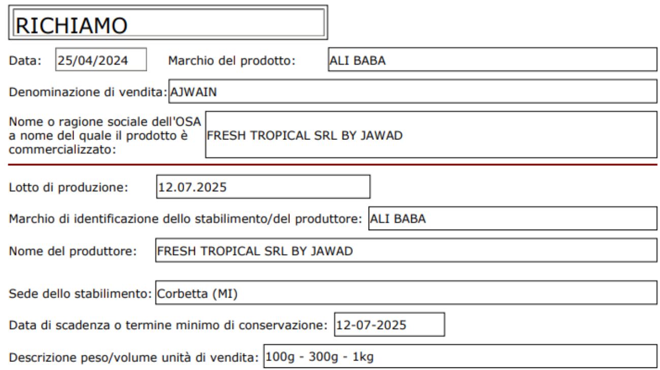 Spezie richiamate dal commercio: il comunicato