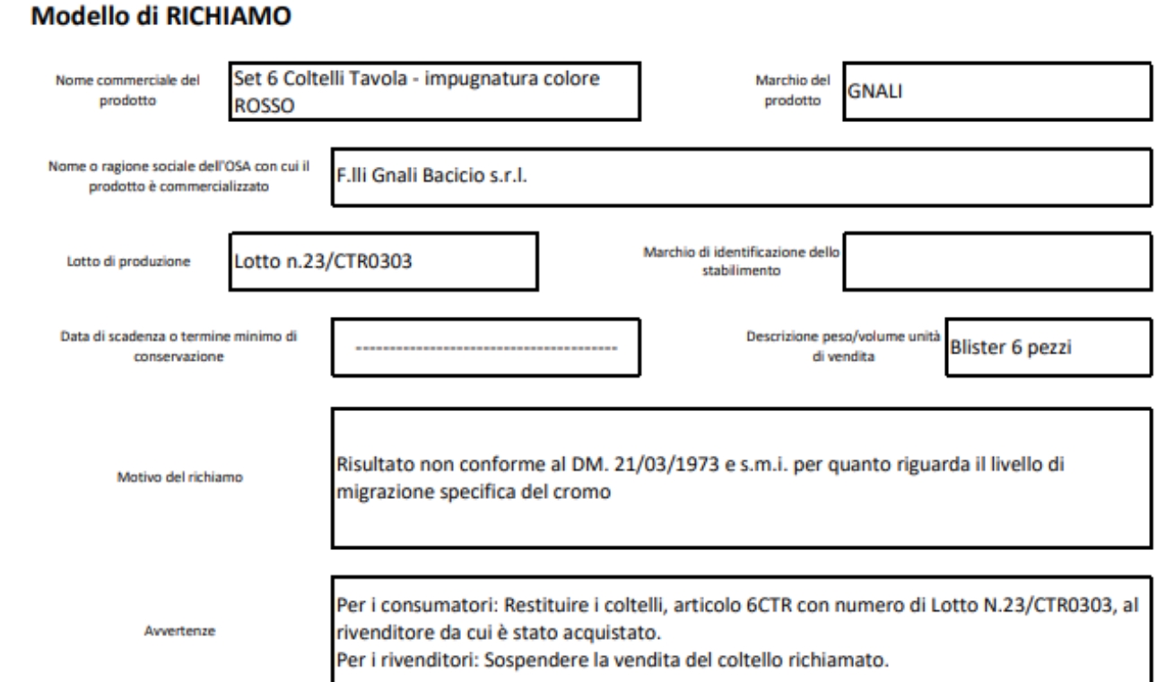 Coltelli richiamati, il comunicato del Ministero della Salute