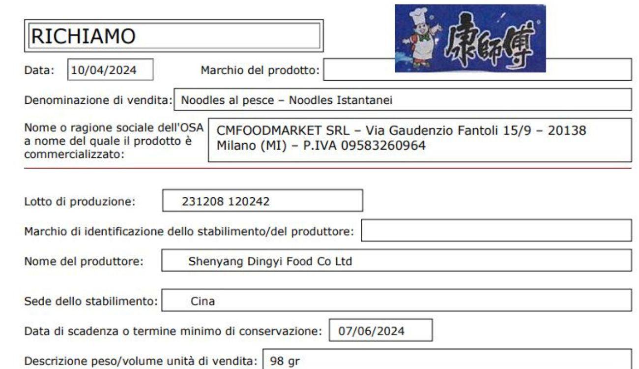 Richiamo del Ministero della Salute: noodles ritirati dal commercio