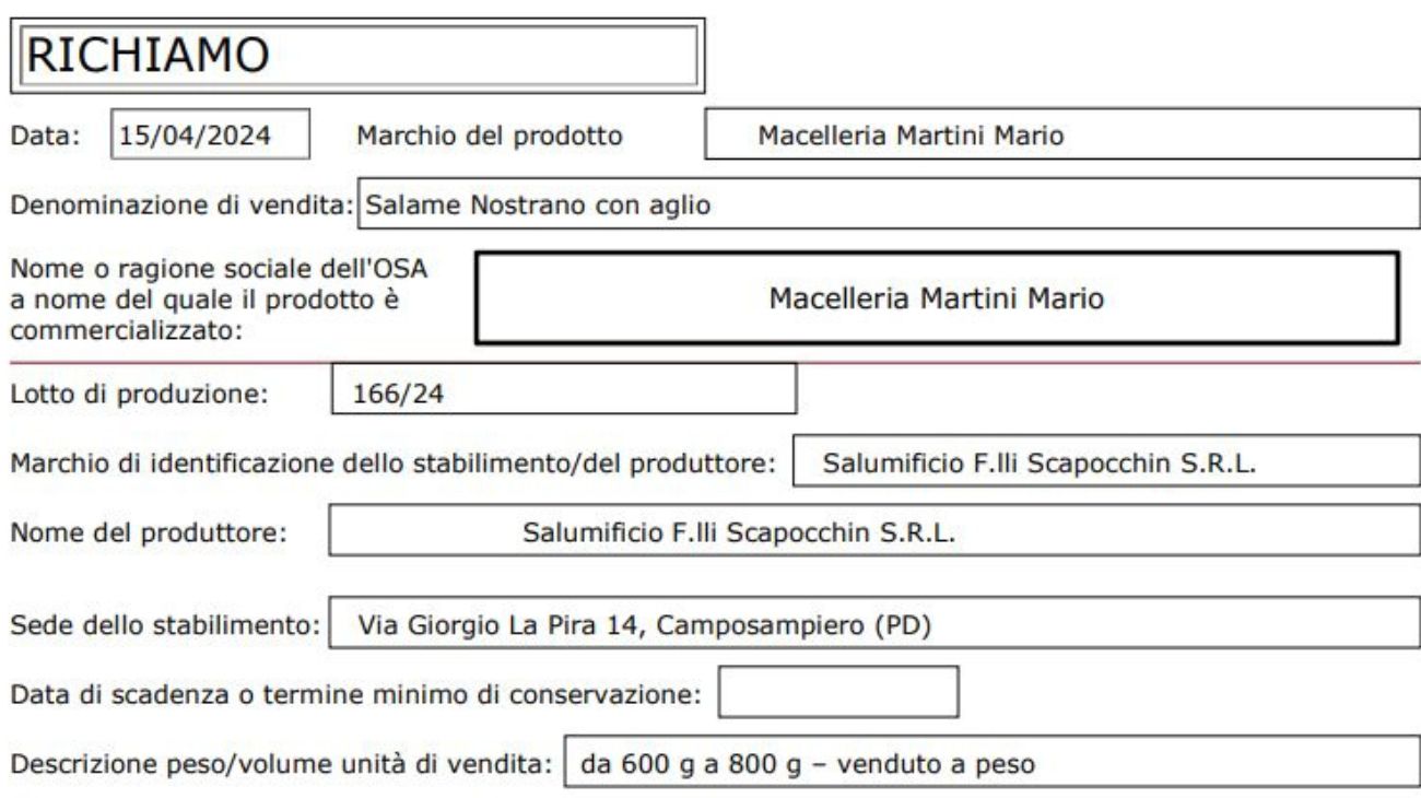 Salame richiamato dal commercio