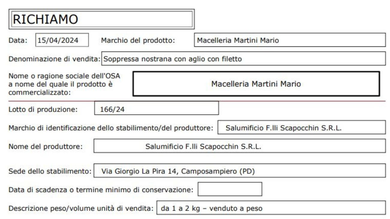 Soppressa con aglio con filetto richiamata dal commercio