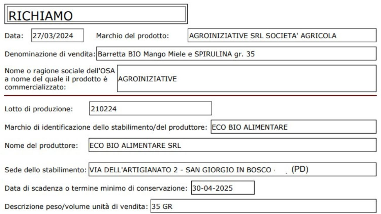 Presenza di allergeni, richiamate dal commercio le barrette Bio