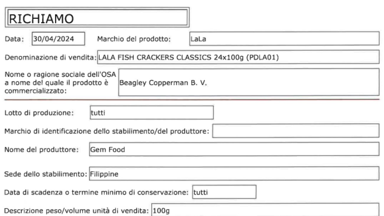 Crackers, scatta il richiamo dal commercio