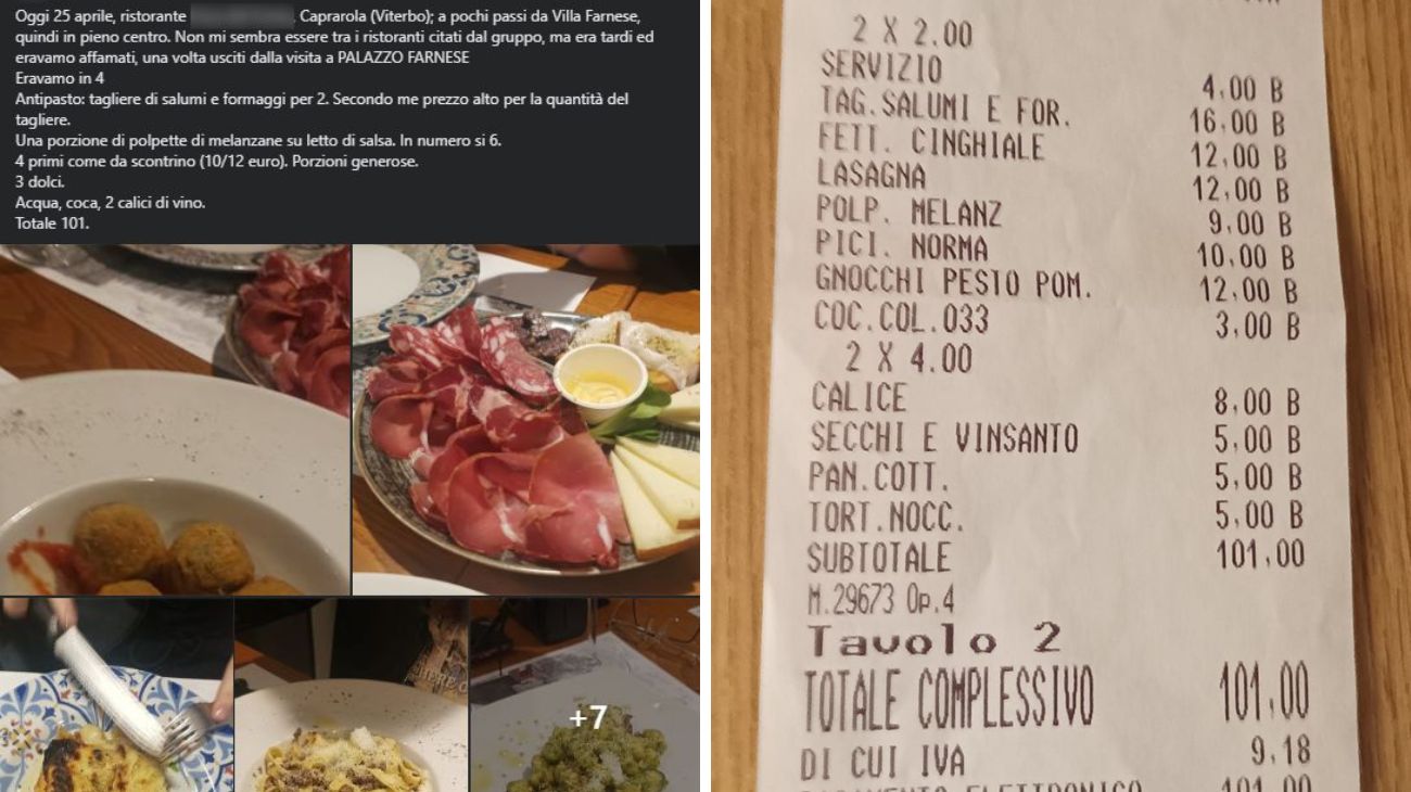 Lazio, cliente mostra lo scontrino del pranzo