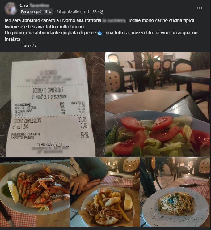 Livorno, lo scontrino pubblicato dopo la cena in trattoria