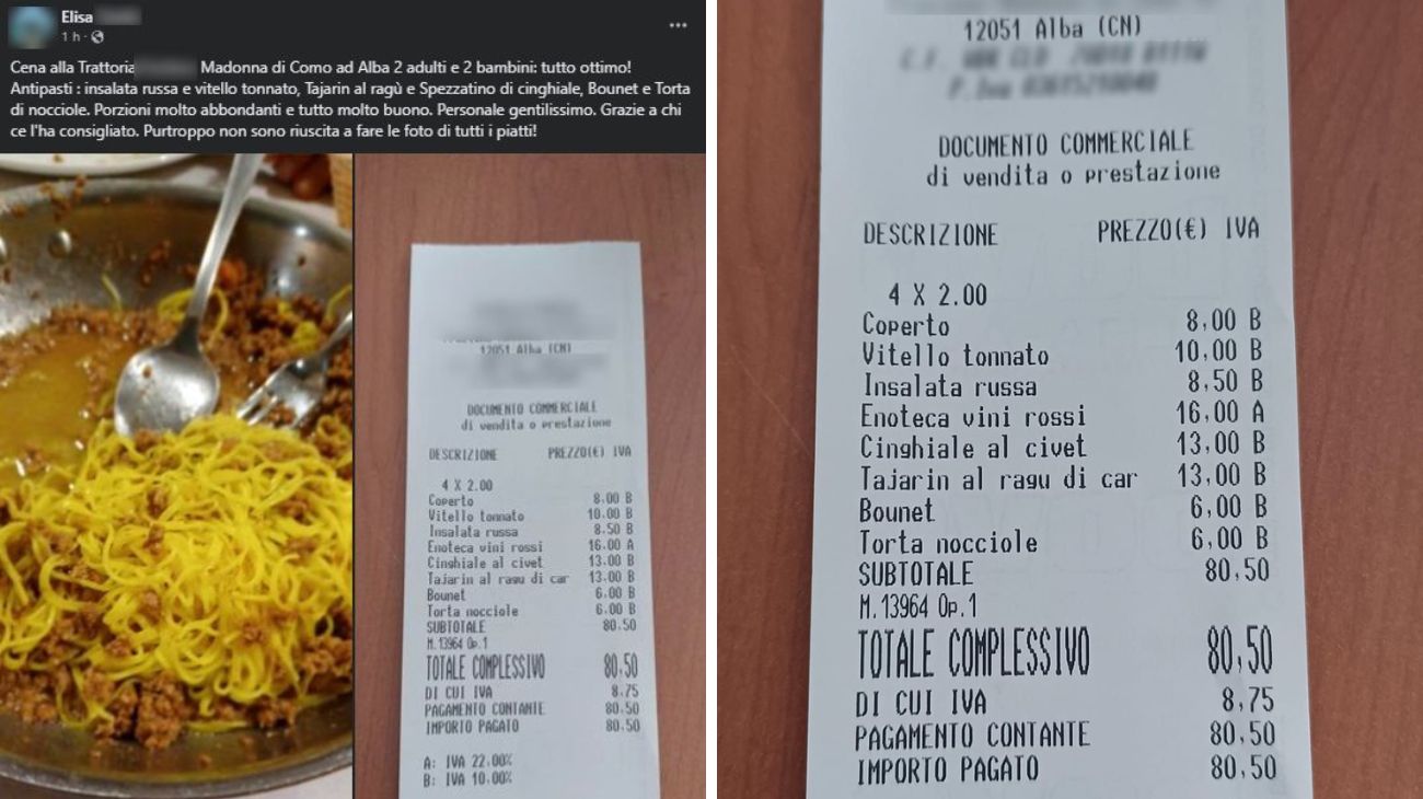 Piemonte, cliente pubblica lo scontrino della cena