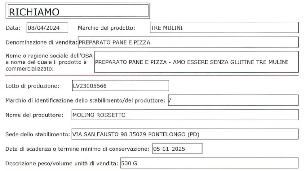 Richiamo alimentare del Ministero della Salute: preparato pane e pizza