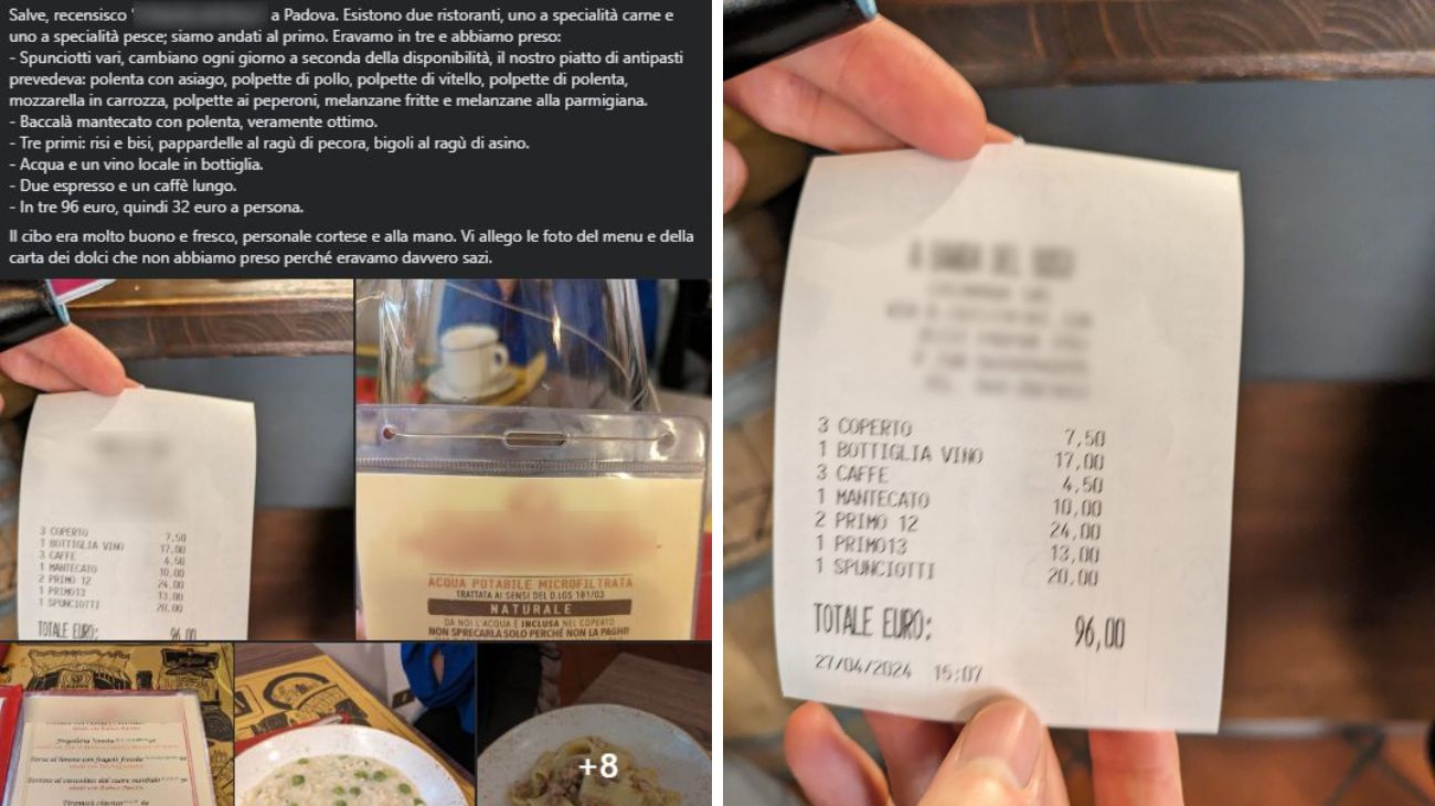 Cliente pubblica lo scontrino dopo il pranzo in un ristorante in Veneto