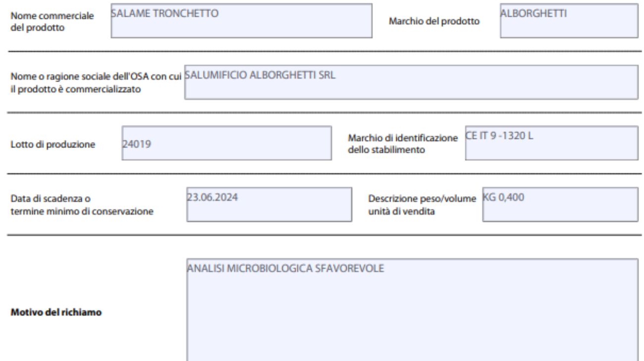 Salame richiamato: il comunicato