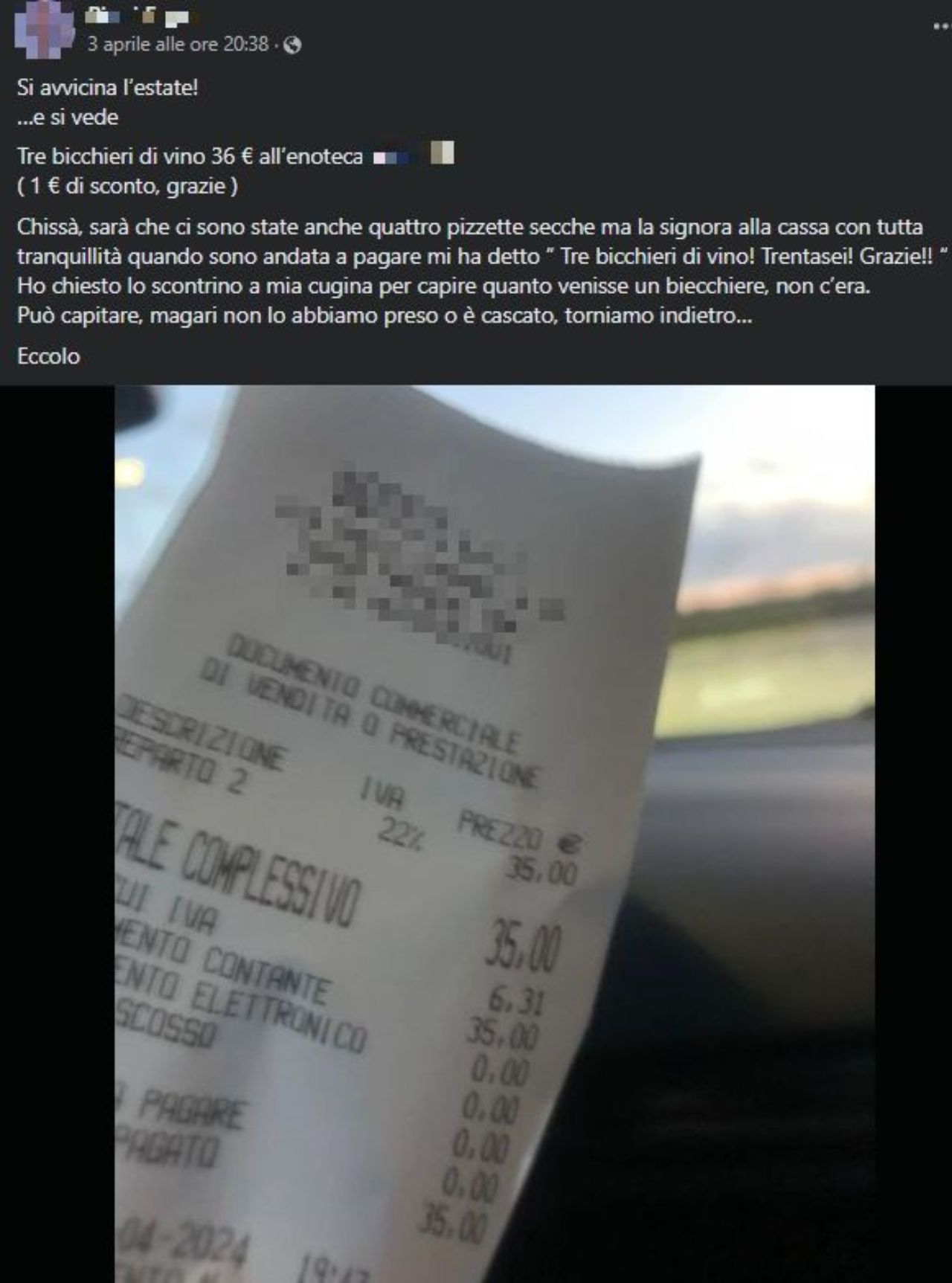 Scontrino enoteca Roma, polemiche per la richiesta