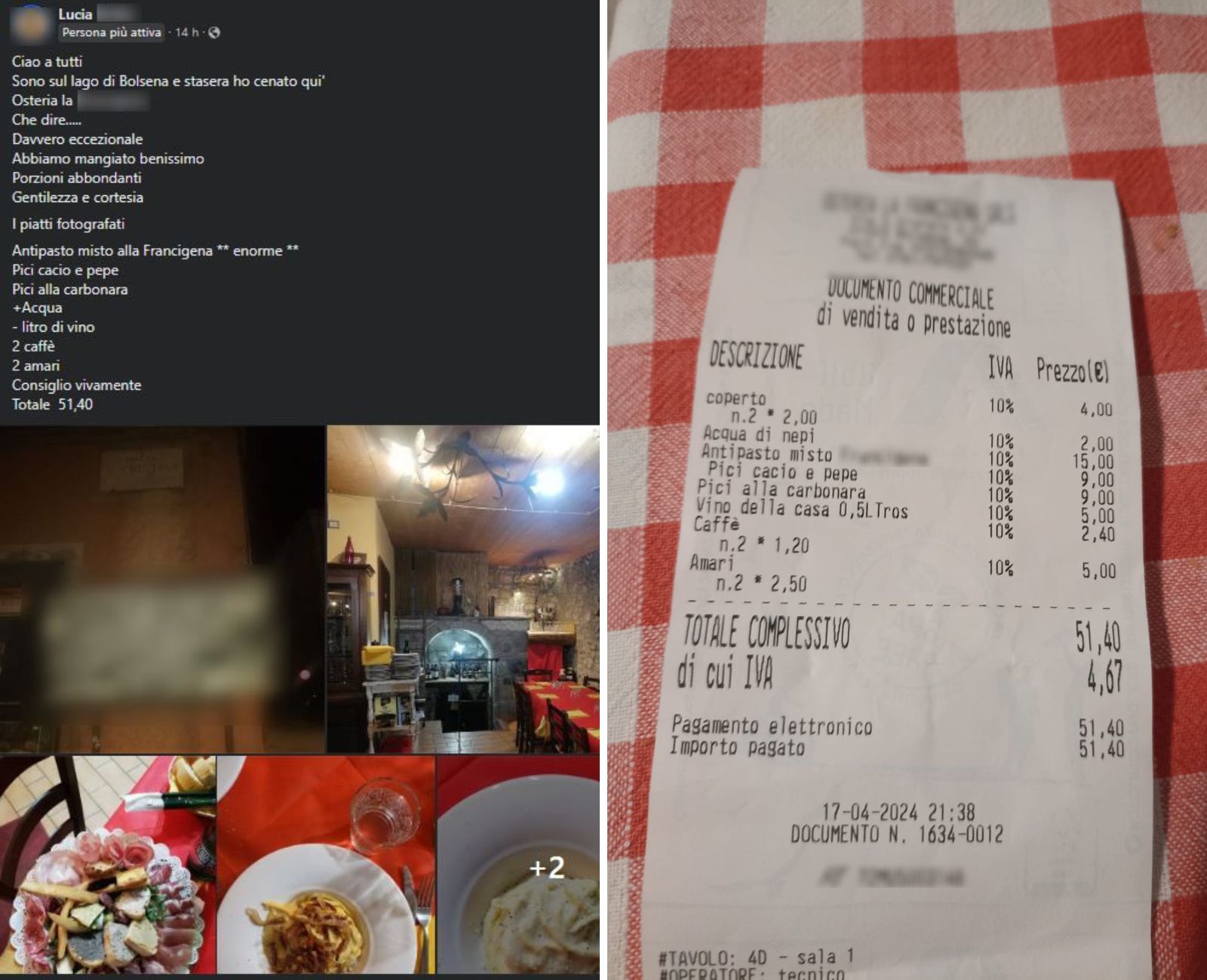 Viterbo, lo scontrino dopo la cena in osteria