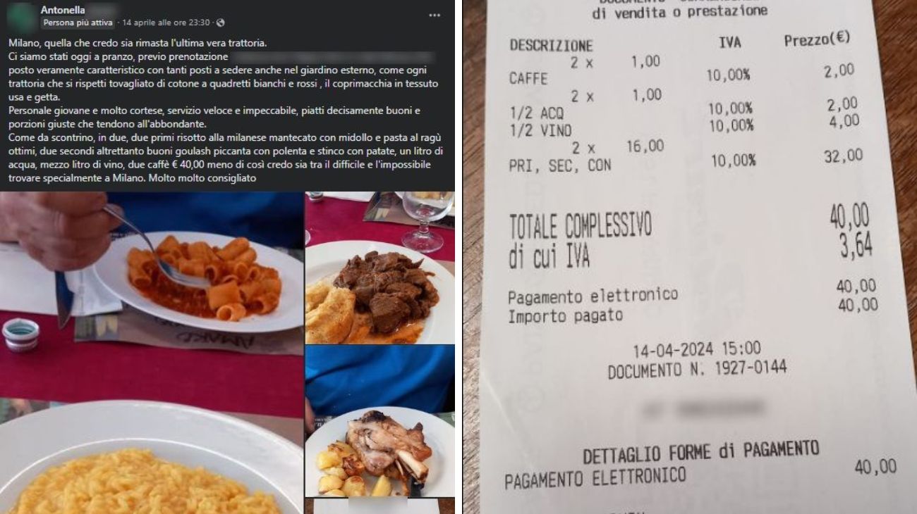 Lo scontrino della trattoria mostrato dalla cliente