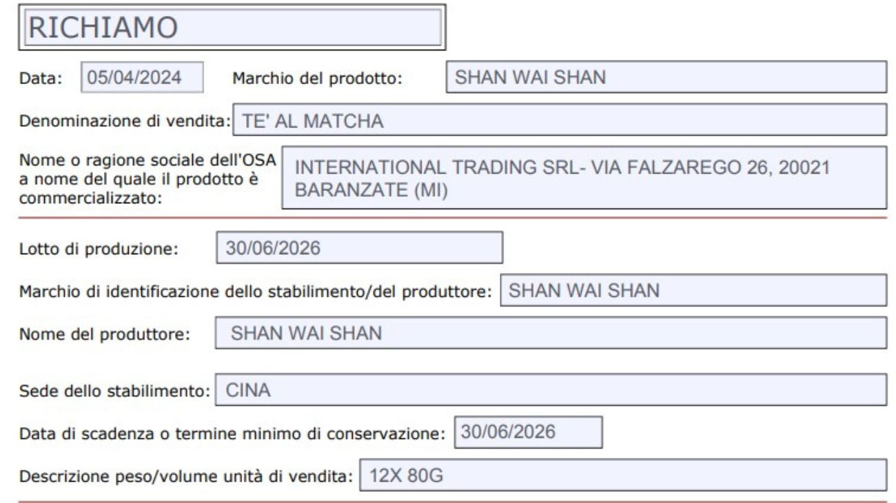 Tè matcha ritirato dal commercio: il comunciato