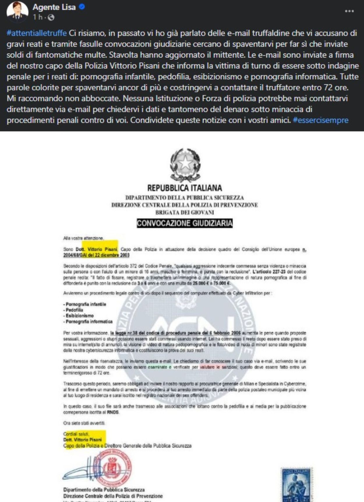 Truffa della polizia di stato, il testo dell'e-mail