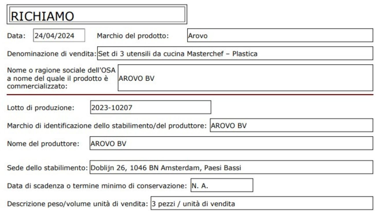 Ministero della Salute, utensili da cucina richiamati dal commercio: il comunicato