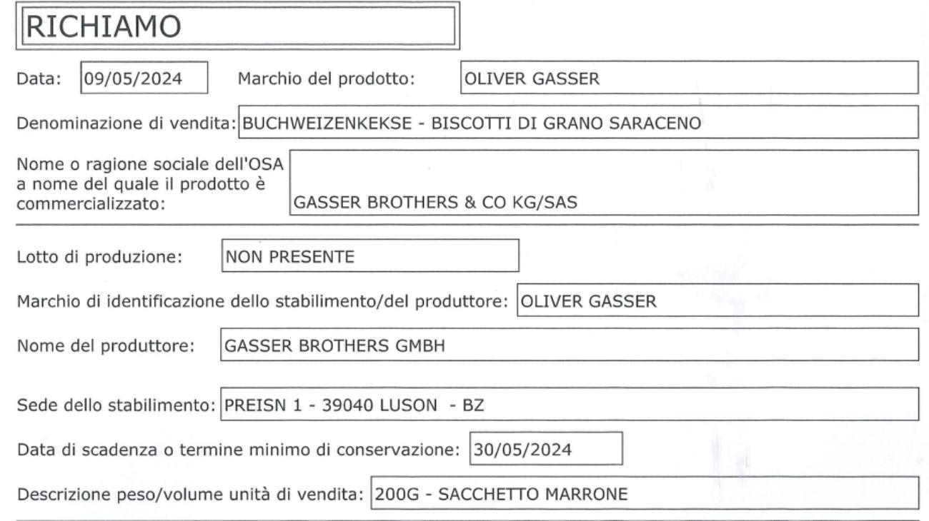 Biscotti, scatta il richiamo del Ministero