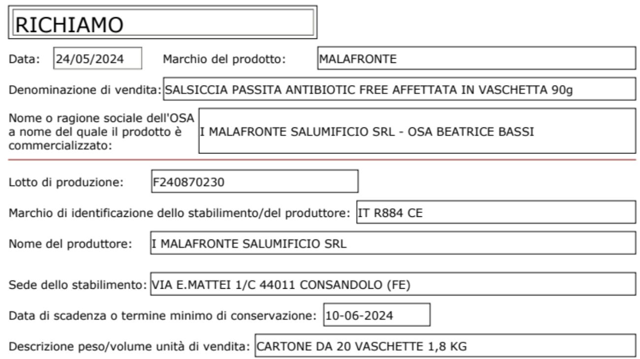 Ministero della Salute, lotto di salsicce richiamato dal commercio