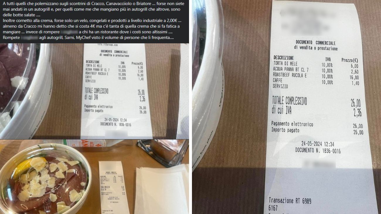 Emilia Romagna, lo scontrino del pranzo in Autogrill