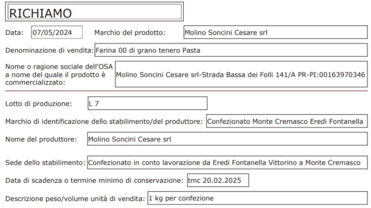 Farina richiamata, il comunicato del Ministero della Salute