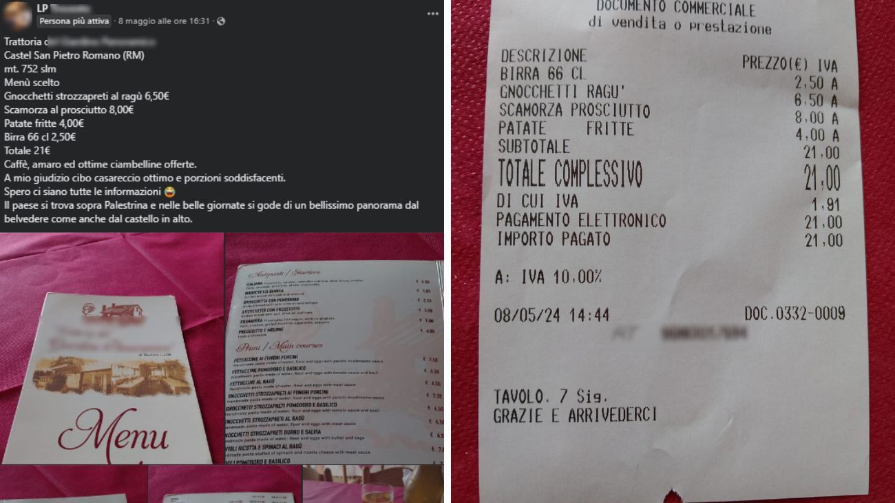 Lazio, lo scontrino del pranzo in trattoria