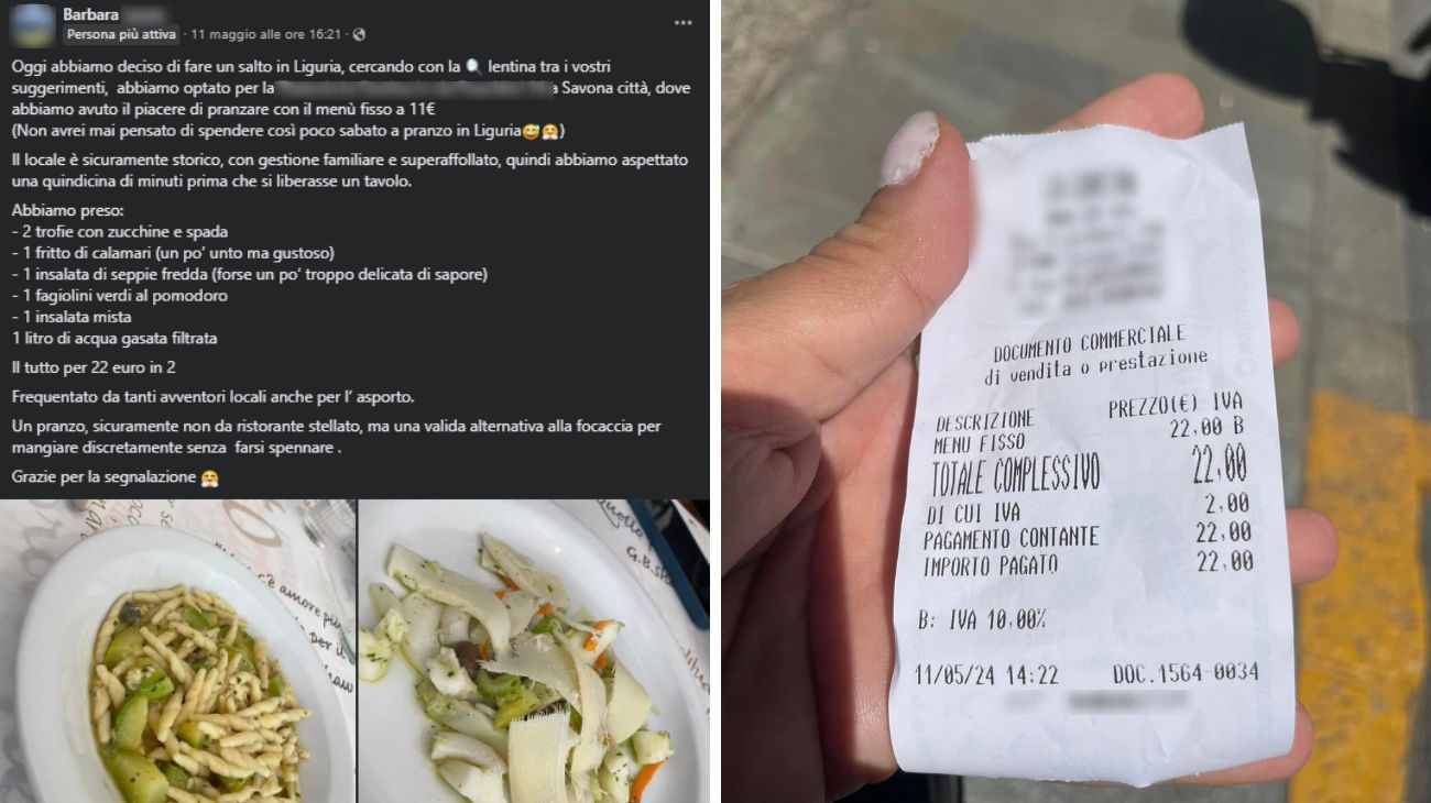 Liguria, lo scontrino del pranzo per due persone in trattoria