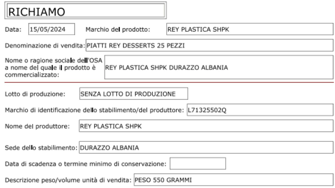 Ministero della Salute, il comunicato di ritiro dei piatti di plastica