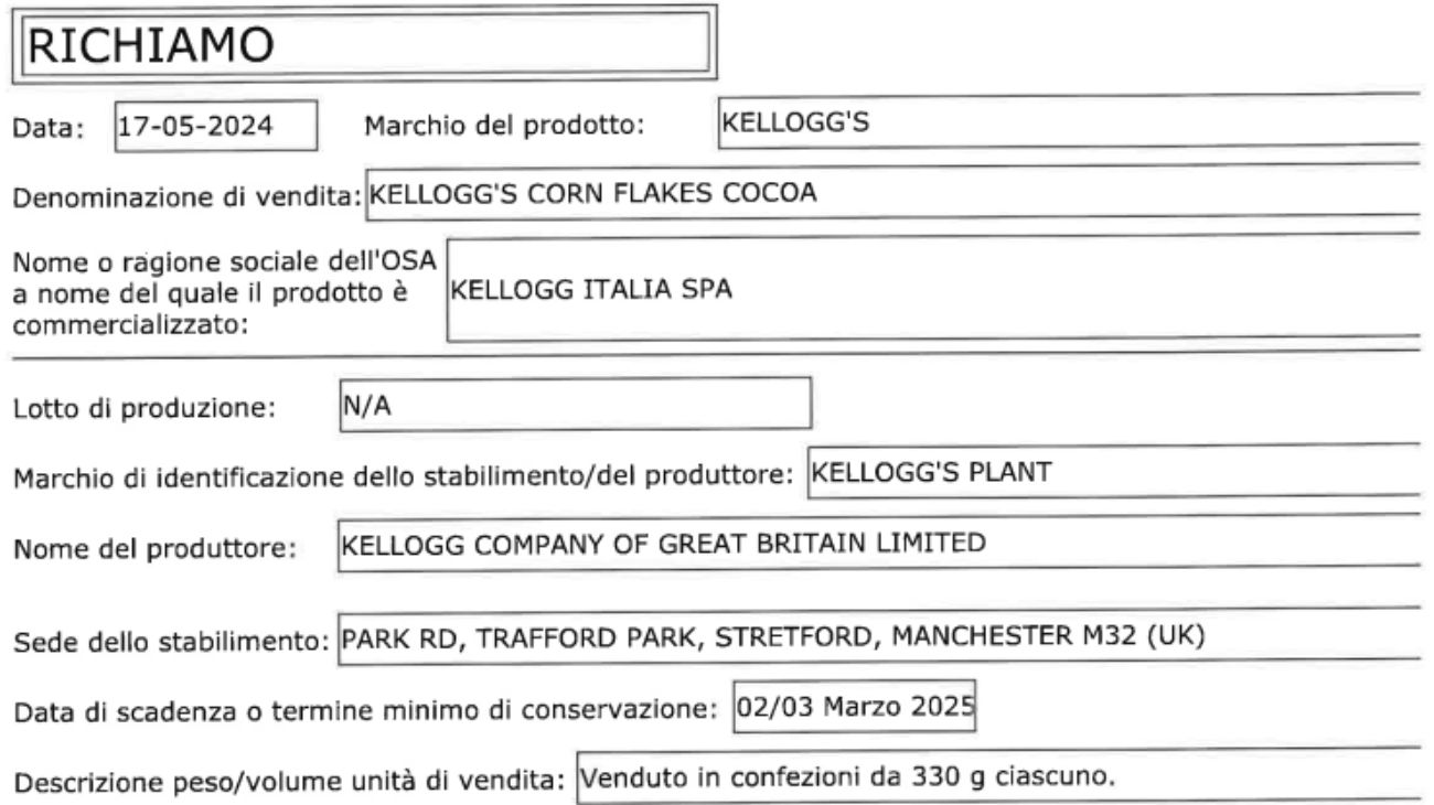 Ministero della Salute, cereali richiamati dal commercio