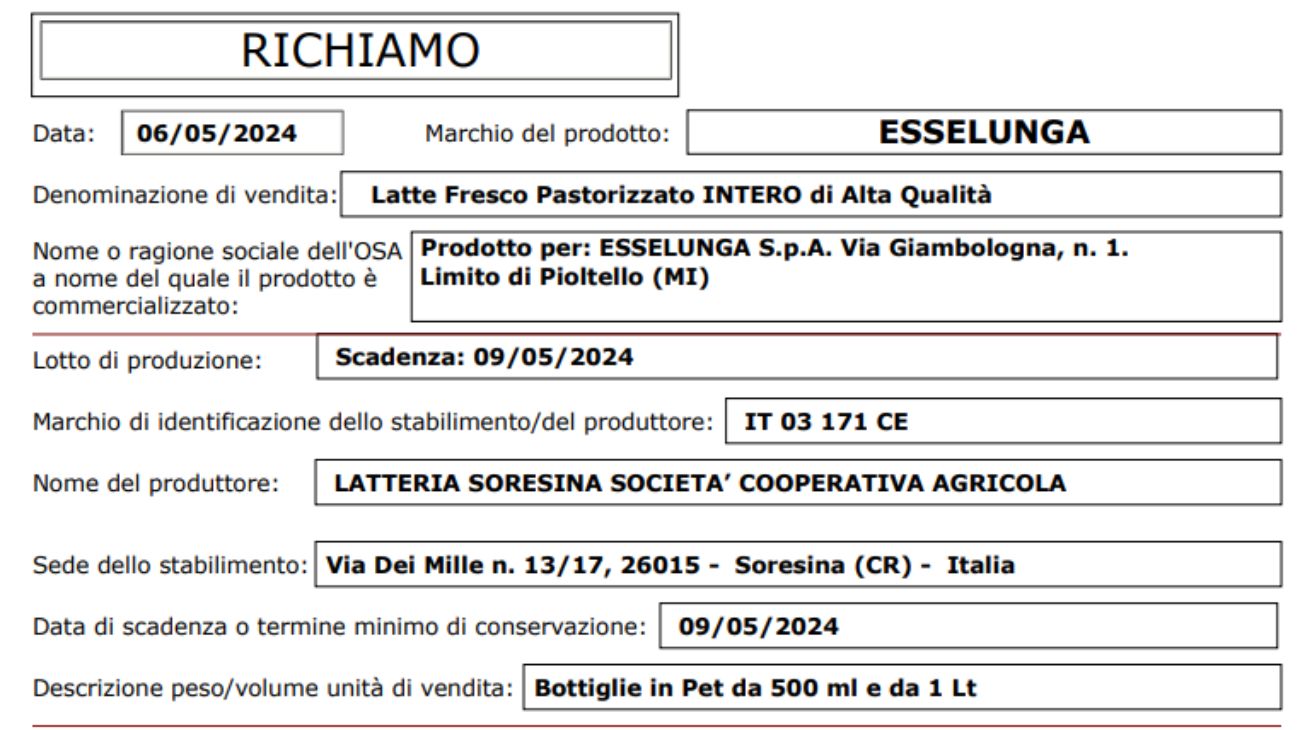 Esselunga, latte ritirato dal commercio