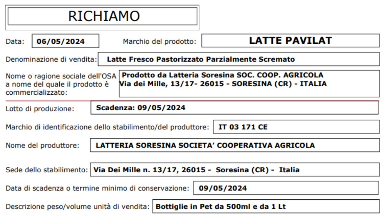 Latte Pavilat, scatta il ritiro dal commercio