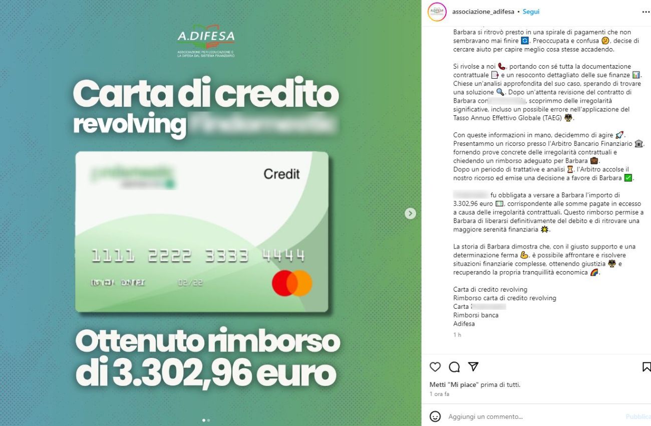 Carta di credito, il post sul rimborso ottenuto da Barbara
