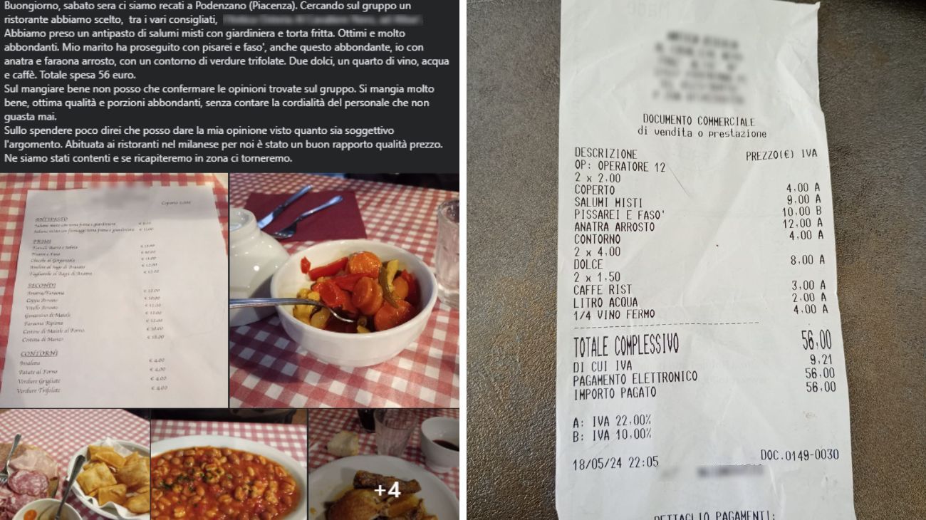 Emilia Romagna, lo scontrino della cena pubblicato da una cliente