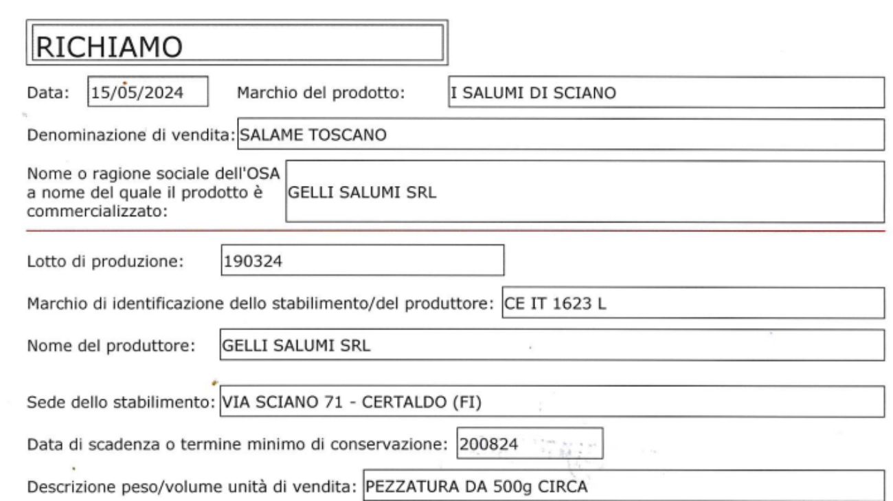 Salame richiamato dal commercio: il Ministero diffonde l'allerta