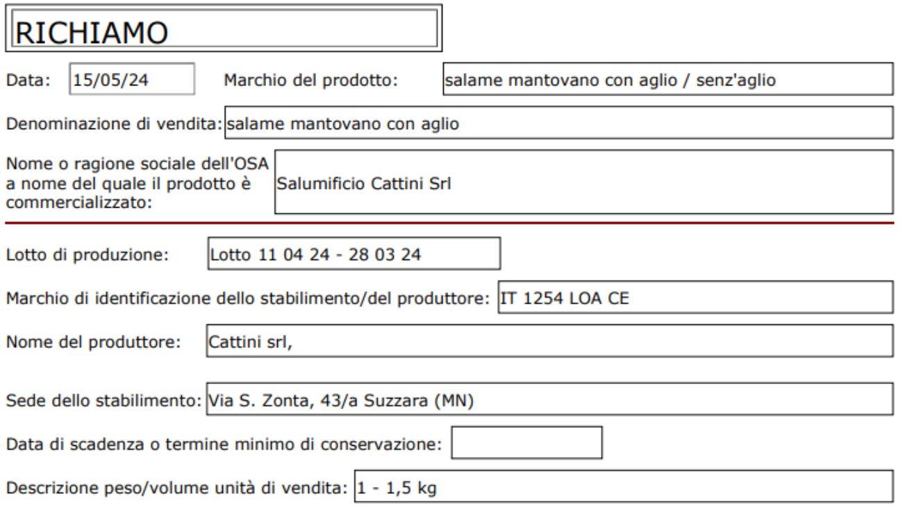 Ministero della Salute, salame richiamato dal commercio