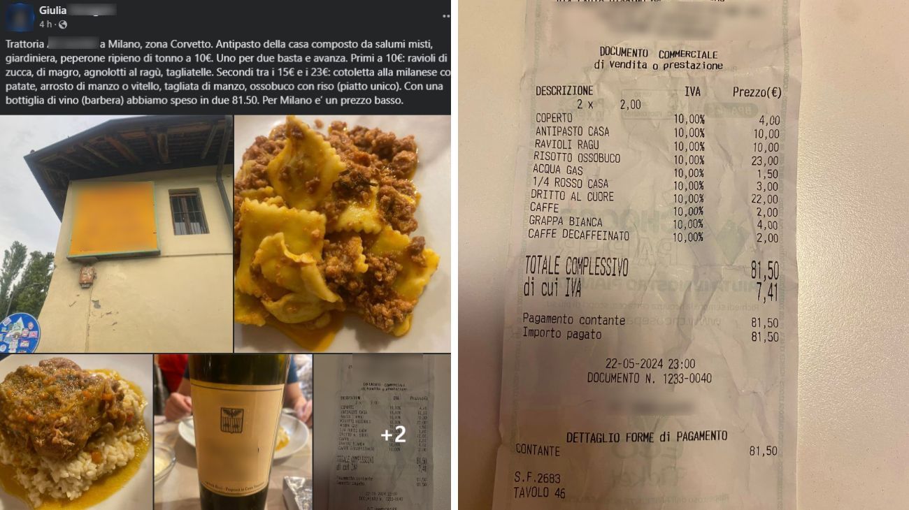 Milano, lo scontrino della cena per due in trattoria