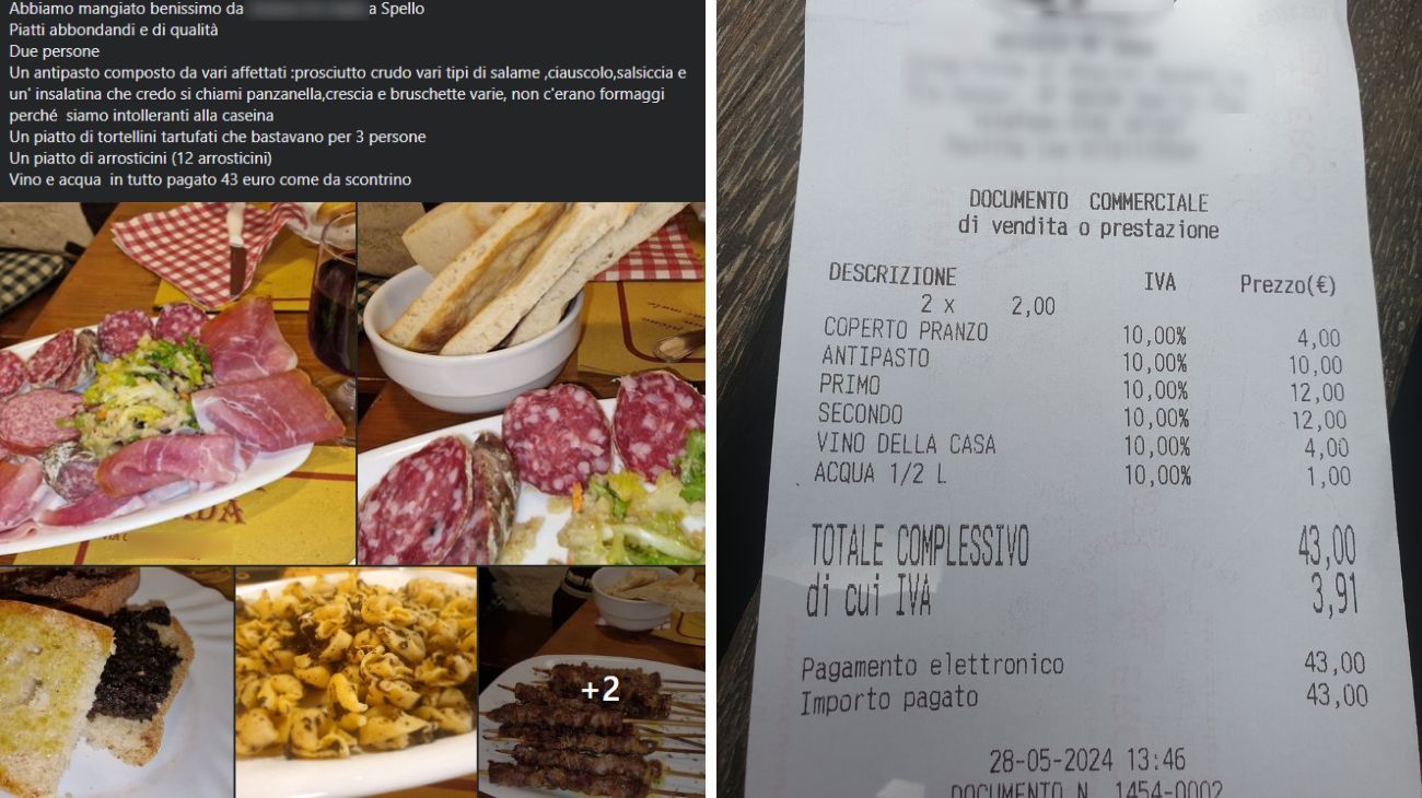 Umbria, lo scontrino del pranzo in osteria