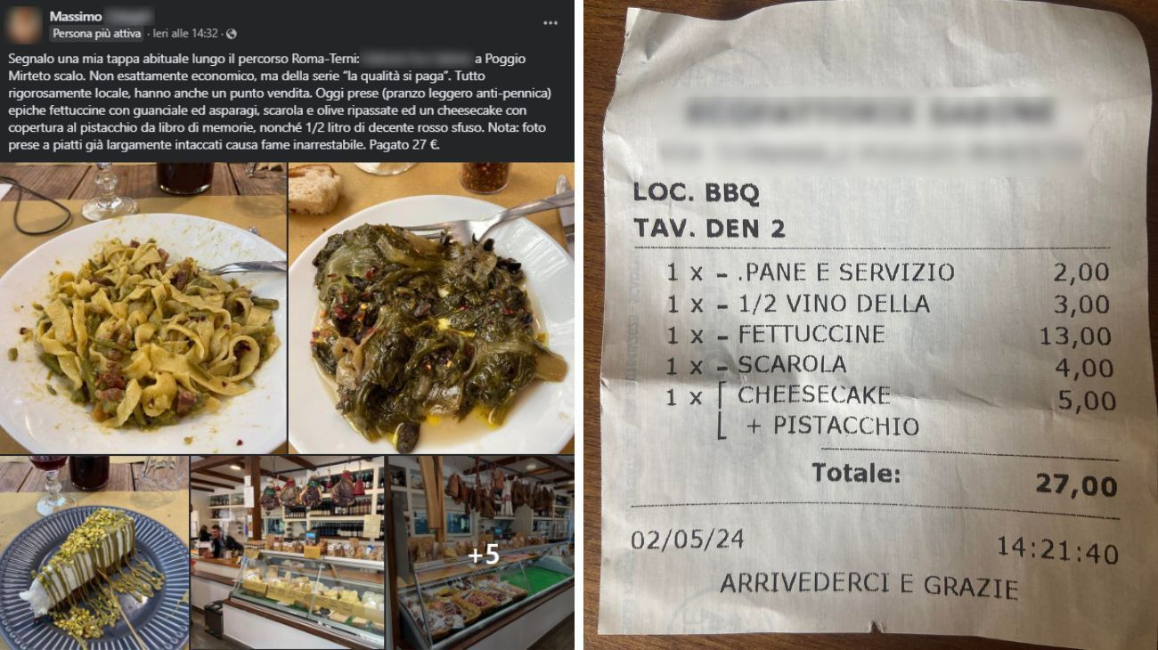 Lazio, cliente mostra lo scontrino del pranzo in agriturismo