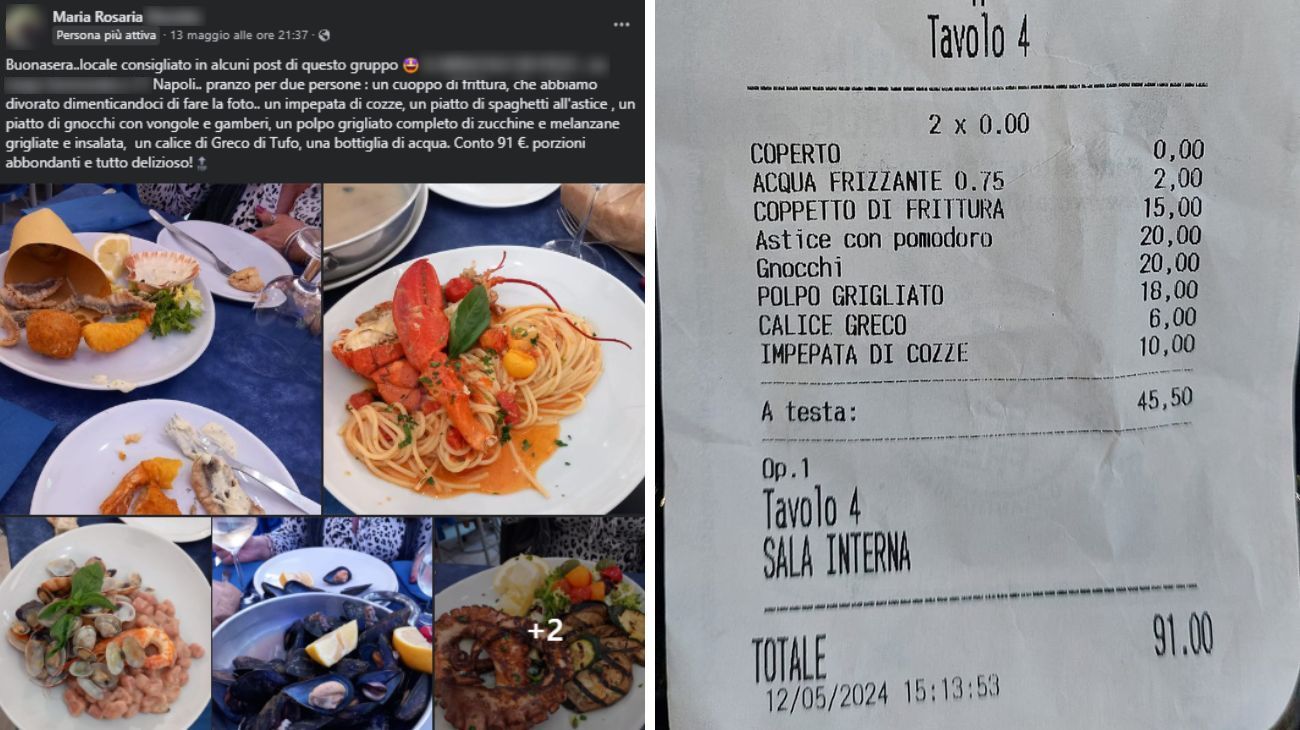 Napoli, lo scontrino del pranzo per due