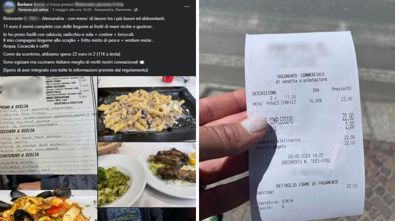 Piemonte, lo scontrino pubblicato dalla cliente