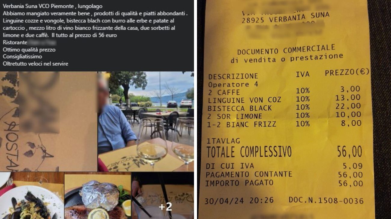 Piemonte, lo scontrino della cena al ristorante