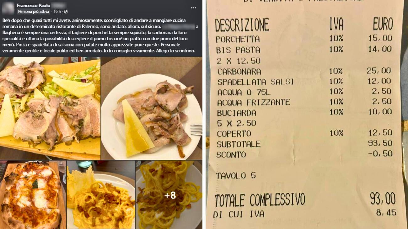 Sicilia, cliente cena a base di cucina romana e pubblica lo scontrino