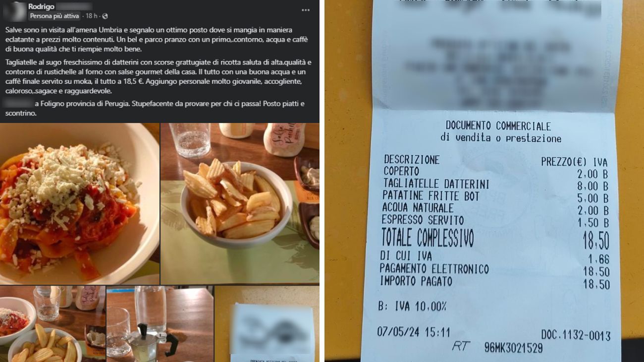 Cliente pubblica lo scontrino del pranzo in un ristorante in Umbria