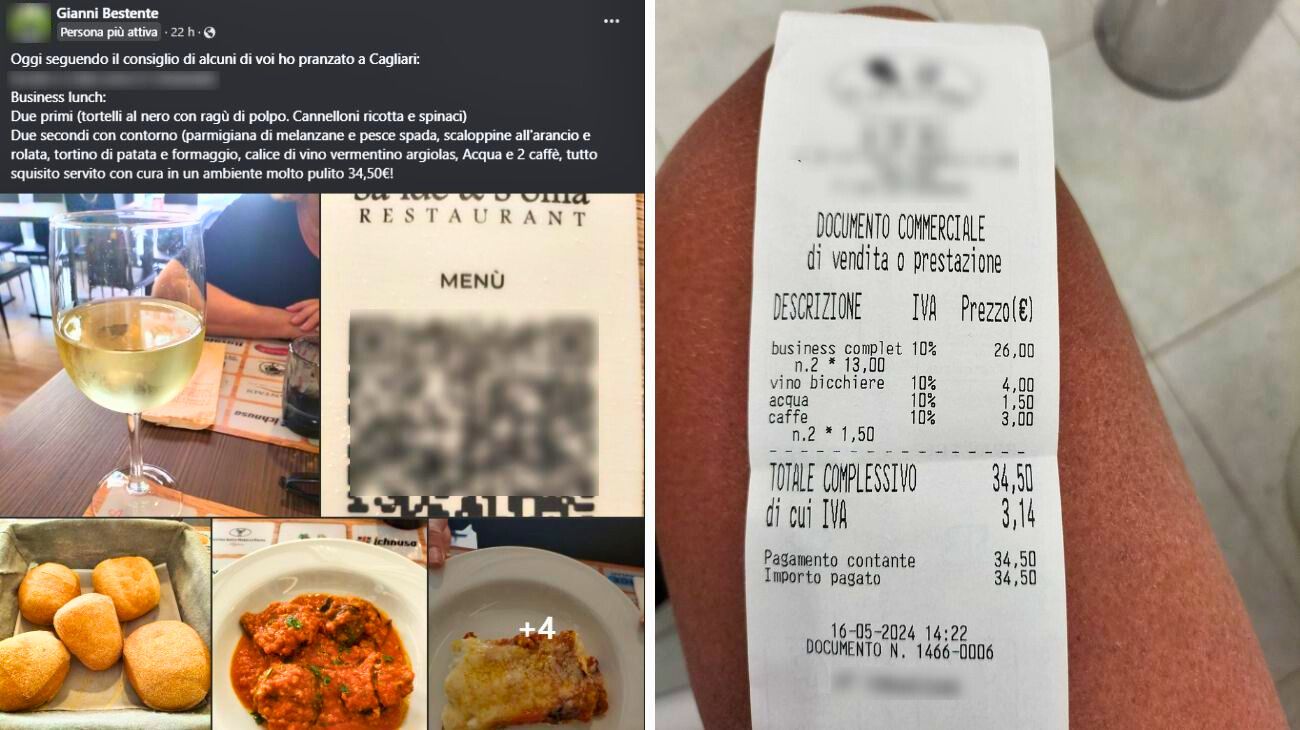Sardegna, cliente pubblica la foto dello scontrino del ristorante