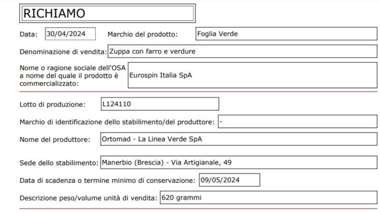 Zuppe richiamate, il comunicato del Ministero della Salute
