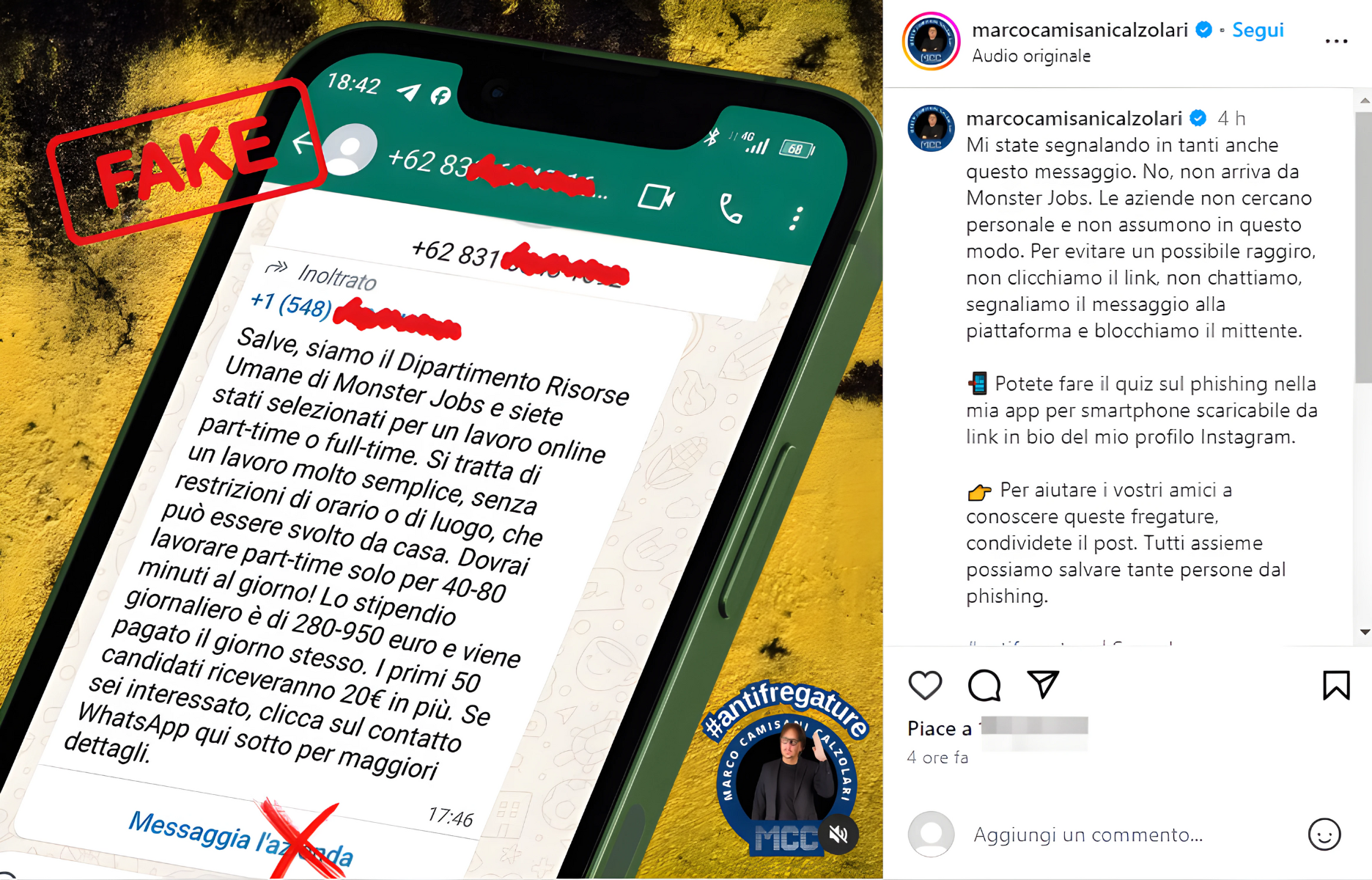 lavoro truffa online messaggio