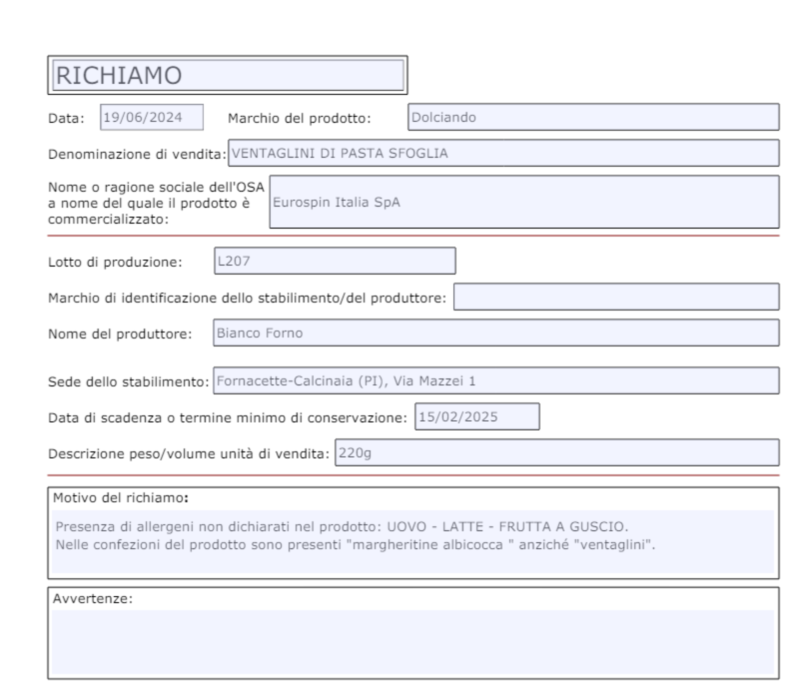 ritirato lotto supermercati ministero