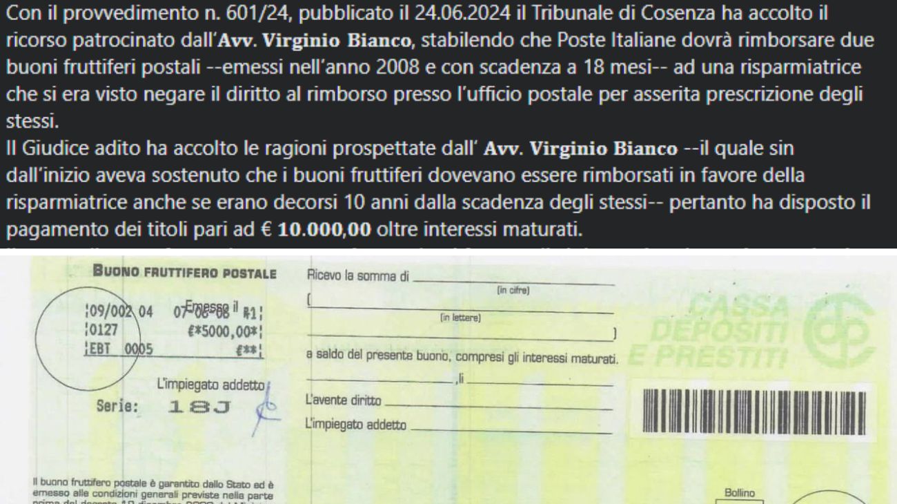 Buoni fruttiferi postali scaduti, l'avvocato annuncia il rimborso per la risparmiatrice