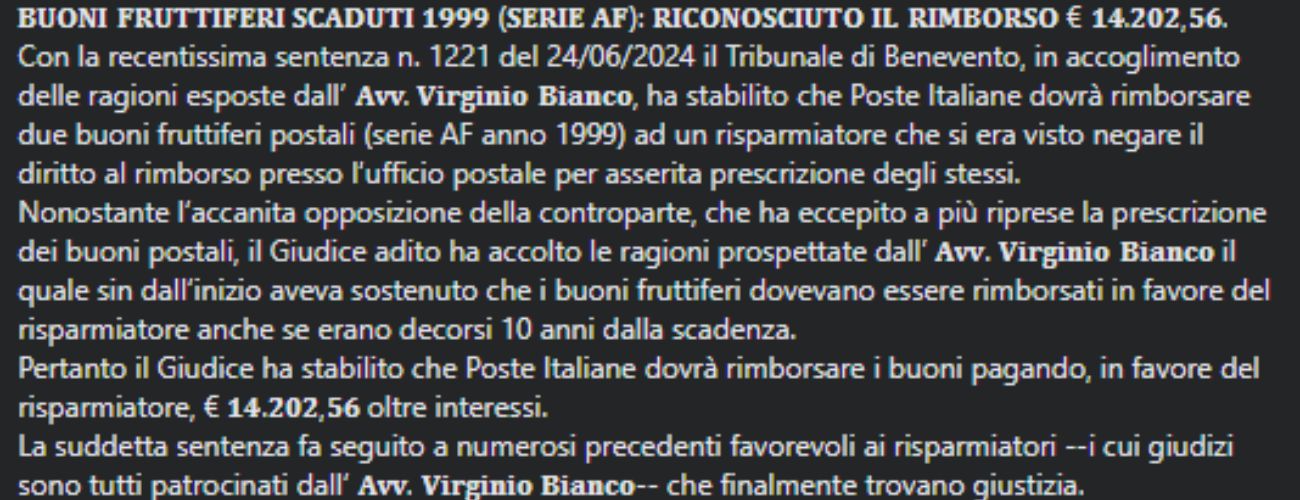 Buoni fruttiferi postali, grazie ad un avvocato arriva il rimborso per un risparmiatore