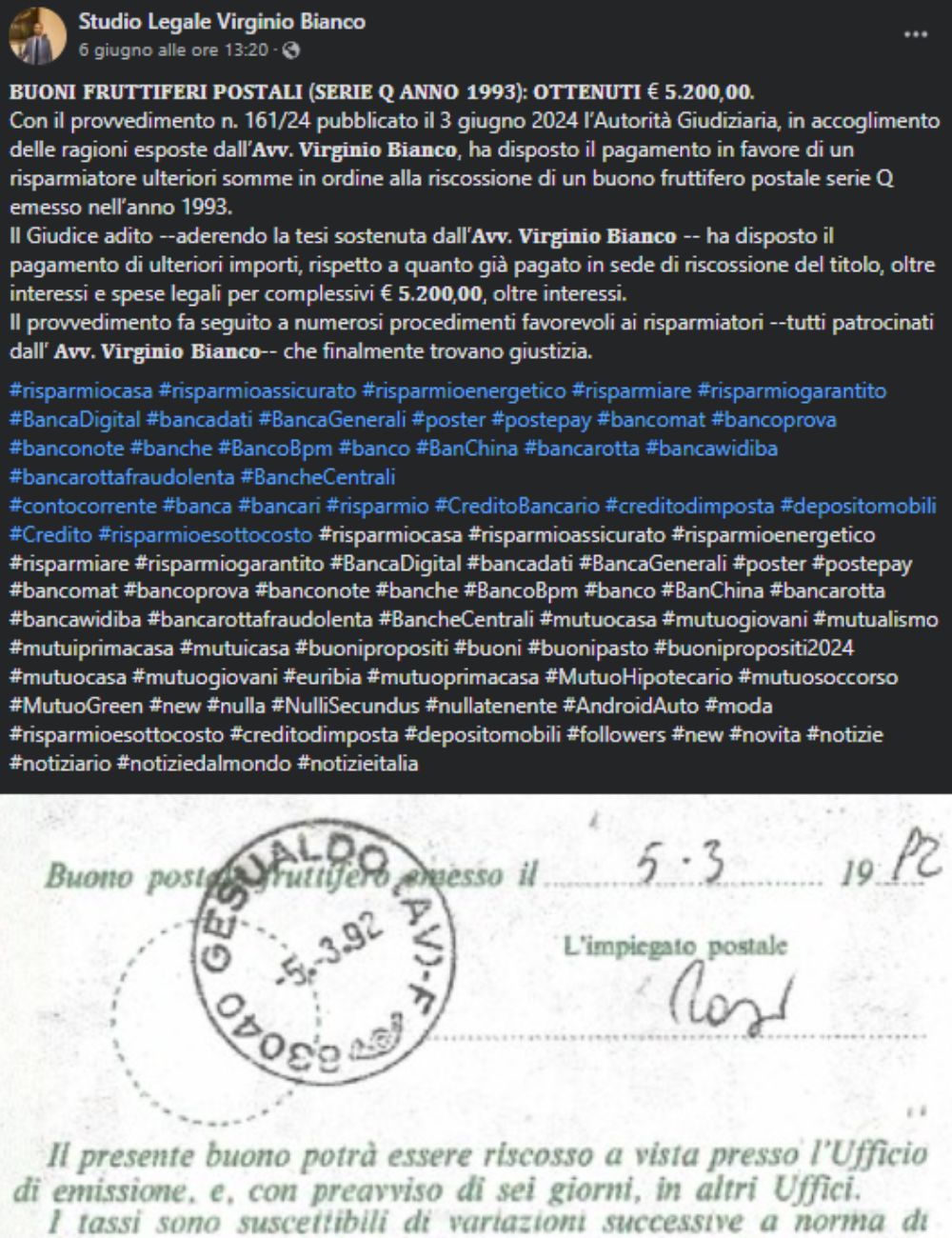 Buoni fruttiferi postali, il rimborso ottenuto dall'avvocato