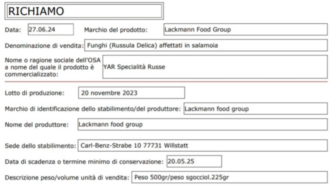 Funghi richiamati: il comunicato del Ministero della Salute